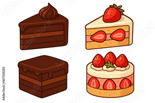 Chocolate cake and strawberry shortcake vector set. Cartoon dessert illustration. Sweet pastry food collection for bakery or cafe menu. Cake slice icons isolated on white background.