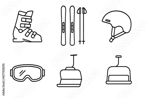 Alpine skiing icon set. Outline icons of ski equipment: boot, skis, poles, helmet, goggles, and ski lift chairlift. Winter sports gear vector illustration for mountain resort.