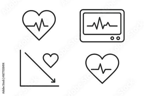 Heart rate icon set. Cardiogram line, ECG monitor, heart pulse decline graph. Concept cardiology, medicine, healthcare, diagnosis. Outline medical vector symbol illustration.