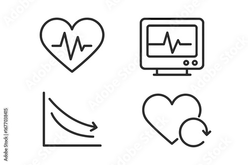 Heart rate icons. Outline icon set for medical concepts. Heartbeat line, ECG monitor, cardiogram graph, heart recovery and resting pulse symbols. Vector health care illustration.