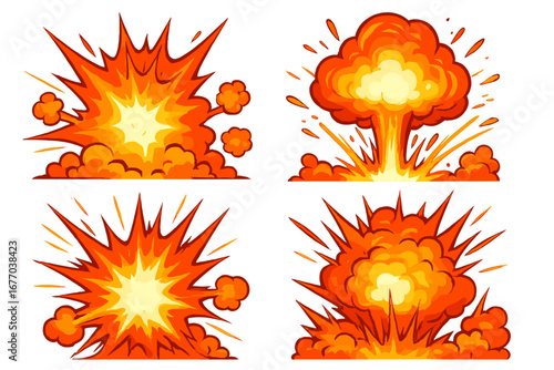 Set of cartoon explosions. Comic book bomb blasts and fire flashes. Dynamic bang and boom effects. Vector illustration of atomic or nuclear explosion with smoke clouds. Energy.