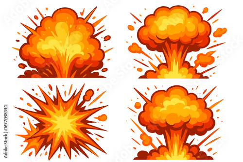 Set of cartoon explosions. Comic book style blast, boom, and bang effects. Vector illustration of fire, smoke, atomic bomb, and mushroom cloud for dynamic visual effects.