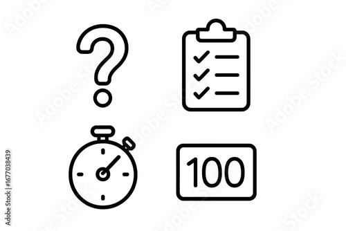 Assessment and quiz line icon set. Vector symbols for examination, survey, and testing. Graphic elements for evaluation, checklist, timer, question mark, and final score.