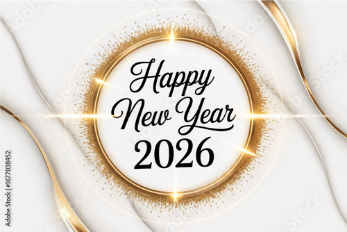 White marble shows golden circle, "Happy New Year 2026." Elegant, shiny backdrop for branding, greeting cards, social media posts, digital displays.