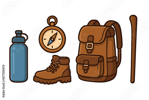 Hiking essentials set for outdoor adventure. Camping and trekking equipment collection. Includes backpack, boot, compass, water bottle, and walking stick. Vector illustration.