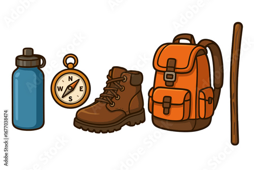 Hiking essentials vector icon set. Outdoor adventure gear collection including boot, backpack, compass, water bottle, and walking stick. Camping equipment for travel and trekking.