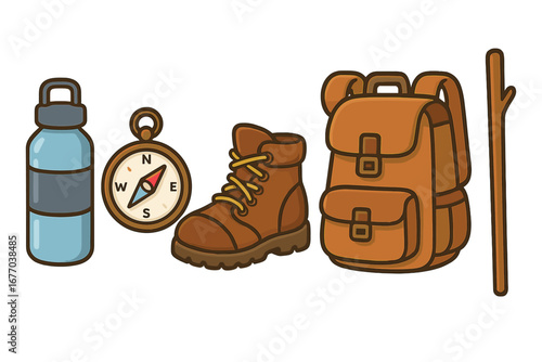 Hiking essentials set. Camping equipment collection with boot, backpack, water bottle, compass and walking stick. Outdoor adventure gear vector cartoon illustration icons.