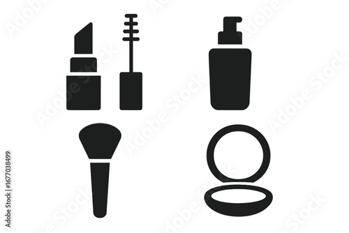 Beauty makeup solid glyph icon set. Cosmetics vector symbols. Lipstick, mascara, foundation bottle, powder brush, compact mirror. Skincare, salon, make-up artist elements.