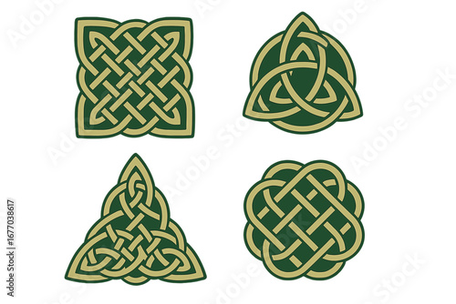Set of intricate Celtic knots. Traditional Irish & Scottish symbols. Triquetra, shield knot, endless knot designs. Vector ornament for tattoo or decorative pattern. Green & gold.