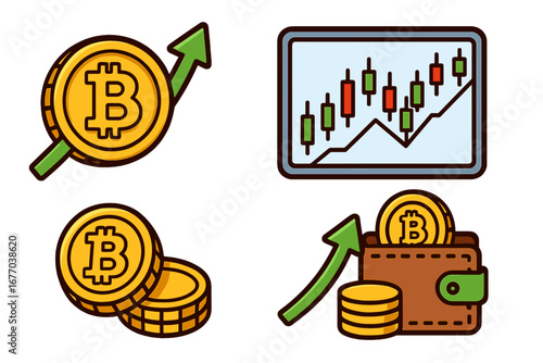 Bitcoin crypto currency icon set. Financial investment, trading and savings. Bull market growth chart, wallet with coins, profit arrow. Digital money vector illustration.