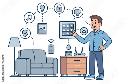 Man controls smart home system via hub. Internet of Things (IoT) concept. Home automation with connected devices like security camera, lights, music. AI technology vector.