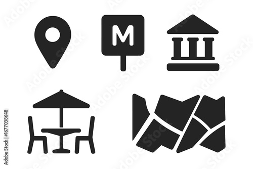 City exploration solid icon set. Urban travel and tourism glyph pictograms. Vector icons of location pin, metro station, museum, outdoor cafe, street map for navigation.