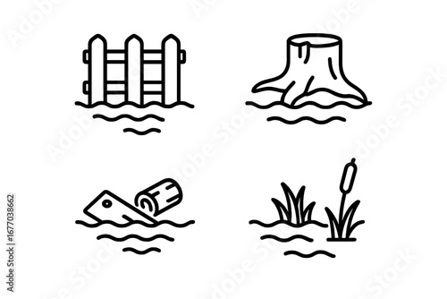 Flood area outline icon set. Natural disaster, climate change concept icons. Water damage pictogram collection. Submerged fence, waterlogged tree stump, floating debris, swamp.