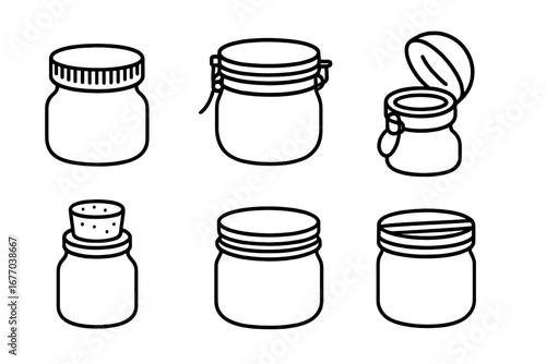 Jar lid icon set. Outline vector collection of various container types. Includes screw cap, clamp lid, flip-top, cork stopper, metal screw lid and bamboo lid. Canning concept.