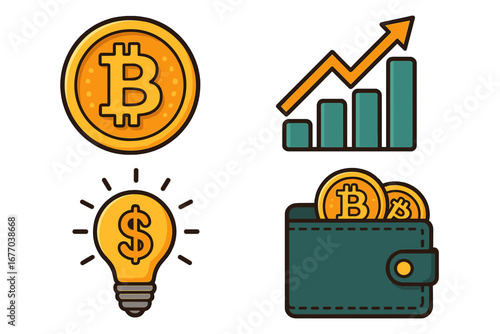 Financial symbols illustrating cryptocurrency trends. Bitcoin investment strategy icon set. Digital economy concept with crypto wallet, growth chart, money idea lightbulb vector.