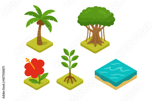 Island flora vector icon set. Isometric flat design elements. Tropical nature collection with coconut palm, banyan tree, hibiscus flower, mangrove sapling and sea tile.