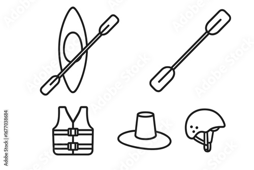 Kayaking equipment icon set. Water sport safety gear. Kayak, paddle, life vest, helmet line icons. Boating adventure, canoeing, rafting. Outdoor recreation vector symbols.