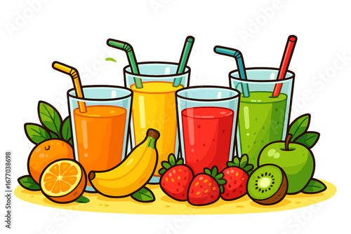 Fresh fruit juices and smoothies vector cartoon set. Healthy organic detox drinks in glasses with orange, banana, strawberry, apple, kiwi. Summer cocktail bar menu illustration.