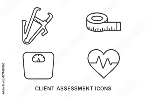 Health fitness assessment icon set. Client measurement tools vector. Body fat caliper, tape measure, weight scale, heart rate monitor. Diet, nutrition, wellness outline icons.