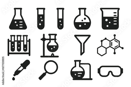 Science and chemistry lab equipment icon set. Vector symbols for research, experiment, and education projects. Includes flask, beaker, test tube, molecule, and pipette icons.