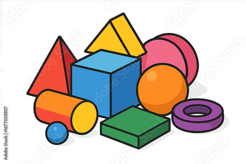 Set of colorful 3D geometric shapes. Cube, sphere, pyramid, cylinder and torus. Abstract background with basic volumetric geometry forms for education or science concept.