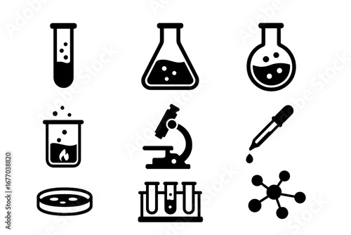Science and chemistry lab icon set. Vector symbols of laboratory equipment for research, experiment, and analysis. Includes flask, test tube, microscope, petri dish, molecule.