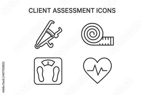 Client assessment outline icons. Health and fitness evaluation tools. Vector symbols for body fat caliper, tape measure, weight scale, and heart rate. Diet, wellness, medical concept.