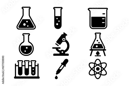 Science and chemistry laboratory equipment icon set. Vector illustration of lab tools for research and experiment. Flask, beaker, test tube, microscope, atom symbol pictogram.