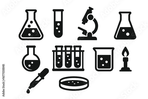 Laboratory equipment icon set for science and chemistry projects. Vector illustration of research tools like microscope, flask, beaker, test tube, and petri dish. Lab symbols.