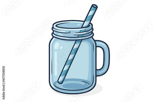 Empty glass mason jar with a handle and straw for refreshing drinks. Vector cartoon illustration for smoothies, juice, or lemonade. Concept for summer, cafe, or picnic.