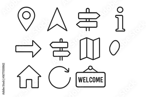 Navigation and user interface line icon set. Vector symbols for GPS, map pointer, location pin, direction arrow, and home button. Info, welcome sign, refresh for web design.
