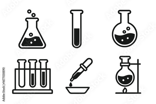 Vector collection of chemistry glassware and lab tools. Test tube, flask, beaker, pipette icons for medical, biology, and experiment design. Scientific analysis symbols.