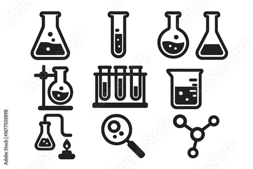 Science lab equipment icon set. Vector symbols for chemistry & biology research. Flask, beaker, test tube, molecule icons. Flat illustration for scientific experiment design.