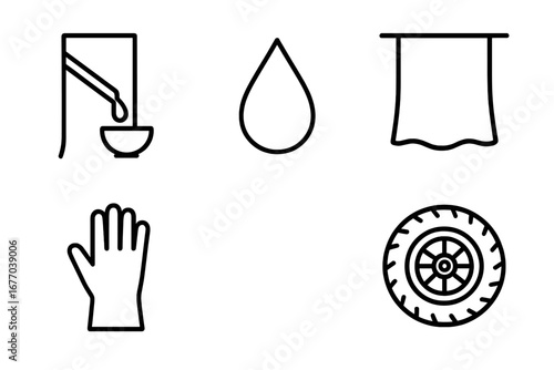 Rubber industry outline icon set. Natural rubber production process. Latex tapping from tree, liquid sap drop, and material processing into sheets. Manufacturing gloves and tires.