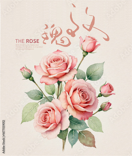 Cluster of Roses with Chinese Calligraphy