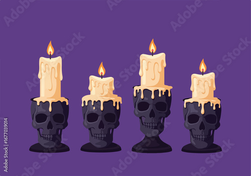 Eerie halloween celebration featuring a row of lit, melting candles set within ominous skull-shaped holders, perfect for creating a spooky and mysterious atmosphere for seasonal events