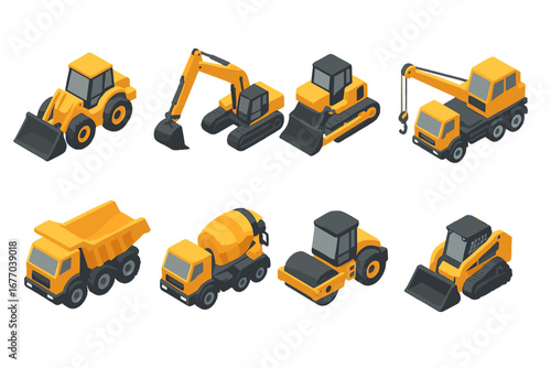 Construction vehicles isometric 3d icon set. Heavy machinery for building industry. Vector illustration of excavator, bulldozer, crane, loader, dump truck, and cement mixer.