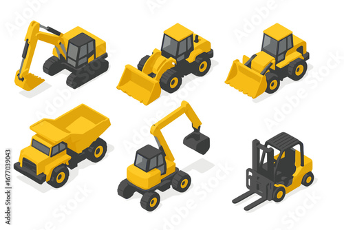 Construction vehicles isometric 3d icon set. Vector heavy machinery collection with excavator, loader, dump truck, forklift. Industrial building equipment transport symbols.