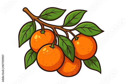 Orange fruit branch with leaves. Vector cartoon illustration. Fresh citrus harvest. Healthy food icon. Natural organic product design element for juice packaging or farm market.