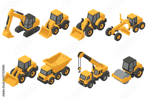 Construction vehicles isometric 3d icon set. Heavy machinery and industrial equipment symbols. Vector graphic of excavator, loader, dumper truck, crane, grader, road roller.