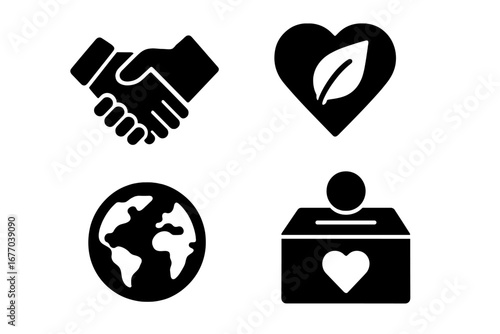 Corporate social responsibility icon set. Glyphs for business ethics, sustainability, environment, partnership, and charity. Handshake, globe, eco heart, and donation box.