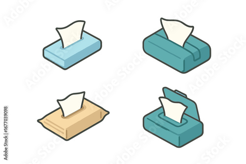 Pocket tissue icon set. Isometric vector illustration of wet wipe packs. Hygiene concept. Travel pouch, foil and slim pack. Personal care paper napkin for cold, flu, allergy.