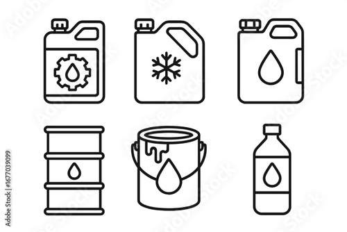 Industrial liquid line icon set. Vector outline symbols for motor oil, coolant, antifreeze, lubricant, fuel, hydraulic fluid, paint, solvent. Canister and barrel icons.