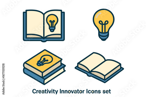 Creative innovation icon set. Lightbulb on open book symbolizes knowledge, learning, and fresh ideas. Vector illustration for education, discovery, inspiration and solutions.