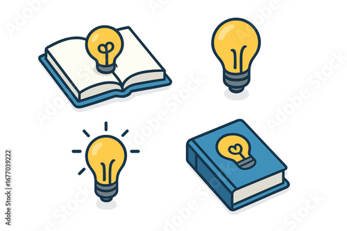 Isometric icon set for knowledge and creativity. Open book with lightbulb, innovation symbol. Concept for learning, education, new ideas, inspiration, brainstorming, discovery.