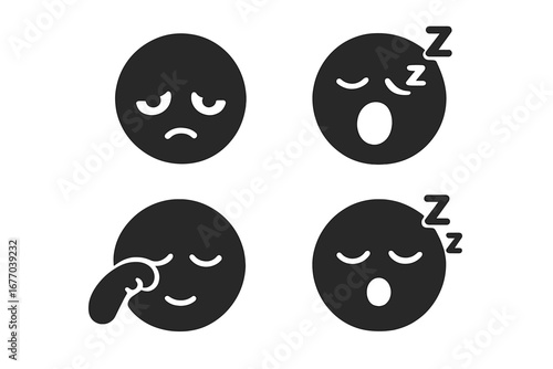 Sleepy face icon set. Solid filled glyph icons of tired, funny cartoon faces with sleepy expressions. Droopy eyes, yawning, snoring, rubbing eyes. Emotion, fatigue vector.