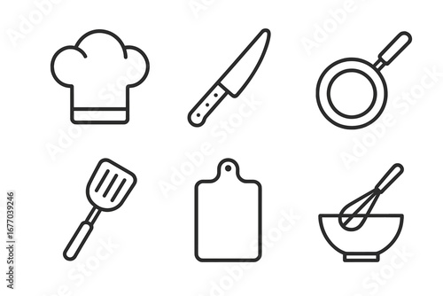 Culinary icon set with cooking equipment. Outline symbols for kitchen, restaurant menu, or cooking class. Includes chef hat, knife, pan, spatula, cutting board, and whisk.