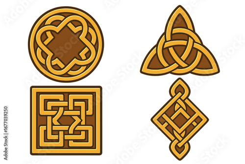 Celtic knot vector illustration set. Intricate traditional Irish, Norse symbols. Collection of ancient decorative ornaments, spiritual emblems, and geometric triquetra patterns.