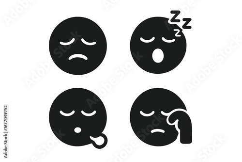 Sleepy face solid icon set. Funny emoji with sleepy expressions, droopy eyes, yawning, snoring. Tired, fatigue, burnout, exhausted vector symbol. Drowsy emoticon pack.