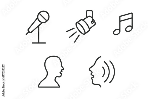 Vocal performance line icon set. Solo singer concert concept. Microphone on stand, spotlight, music note, artist silhouette, voice sound wave symbols. Editable stroke vector.
